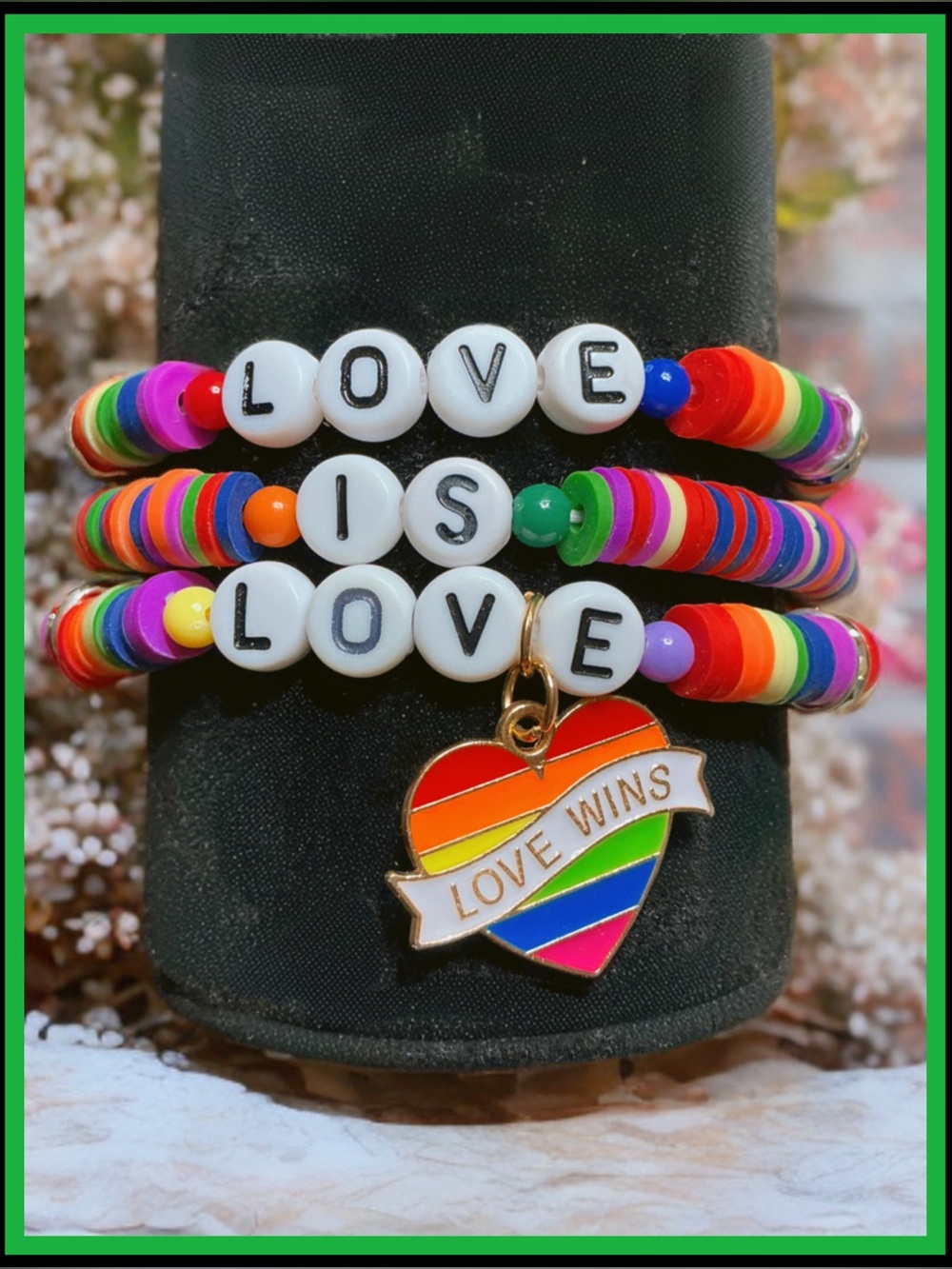 Love Is Love Rainbow Beaded Bracelet Set with Heart Charm - Multicolor